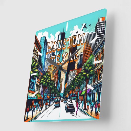 ヒューストンテキサス州ダウンタウンシティビュー抽象芸術アート スクエア壁時計 (傾斜)