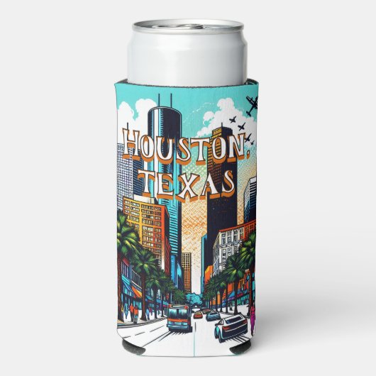 ヒューストンテキサス州ダウンタウンシティビュー抽象芸術アート スリム缶クーラー (Seltzer裏面)