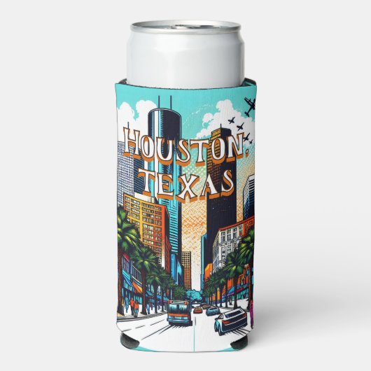 ヒューストンテキサス州ダウンタウンシティビュー抽象芸術アート スリム缶クーラー (Seltzer正面)