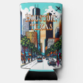ヒューストンテキサス州ダウンタウンシティビュー抽象芸術アート スリム缶クーラー (裏面)