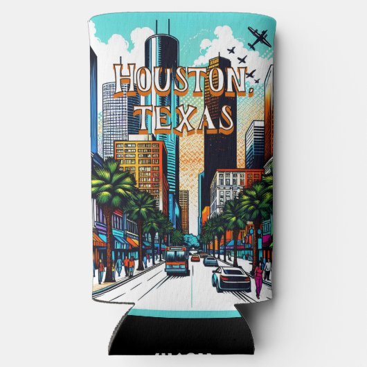 ヒューストンテキサス州ダウンタウンシティビュー抽象芸術アート スリム缶クーラー (裏面)