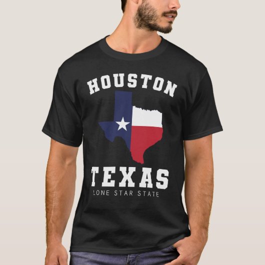 ヒューストンテキサス州国旗の地図と黒 Tシャツ (正面)
