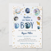 ヒューストンボーイブルー金ゴールド宇宙ベビーシャワー 招待状 (正面)