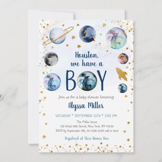 ヒューストンボーイブルー金ゴールド宇宙ベビーシャワー 招待状 (正面)
