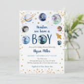 ヒューストンボーイブルー金ゴールド宇宙ベビーシャワー 招待状 (スタンド正面)