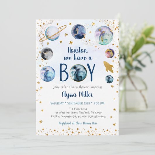 ヒューストンボーイブルー金ゴールド宇宙ベビーシャワー 招待状 (スタンド正面)