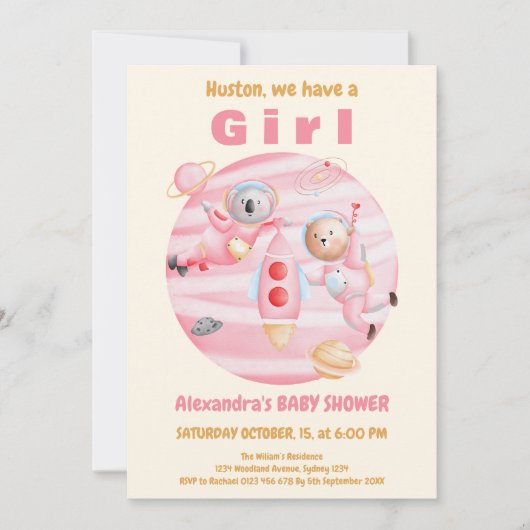 ヒューストン我々は女の子の宇宙ベビーシャワーを持っている 招待状 (正面)