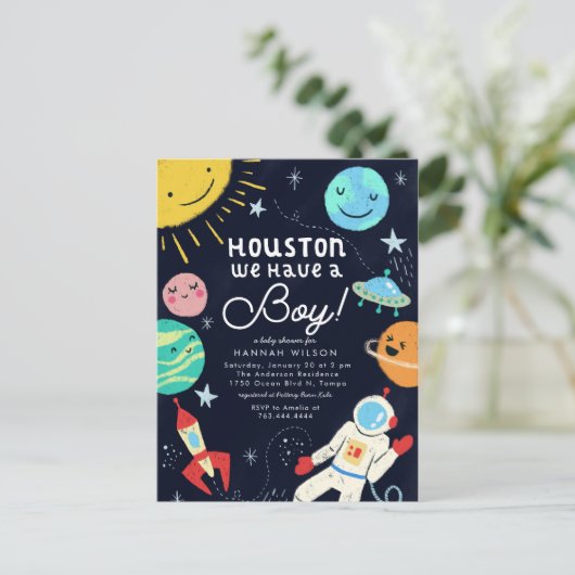 ヒューストン我々は男の子の宇宙の赤ちゃんシャワーを持っている インビテーションポストカード (スタンド正面)