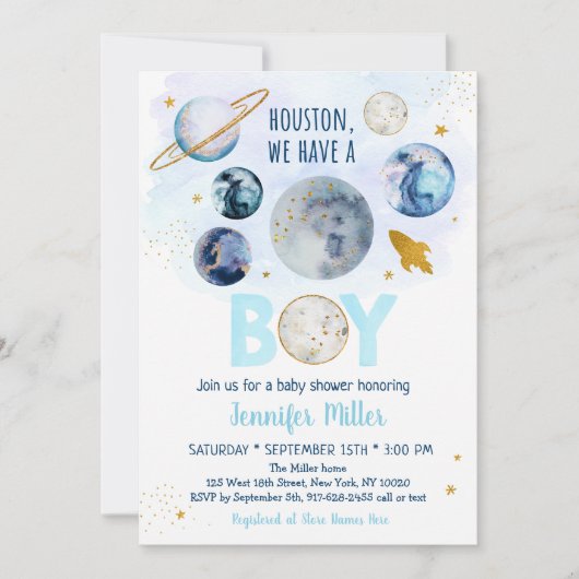 ヒューストン我々は男の子の宇宙の赤ちゃんシャワーを持っている 招待状 (正面)