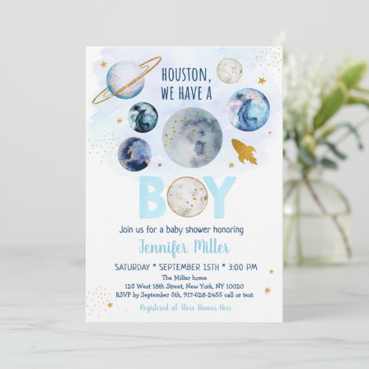 ヒューストン我々は男の子の宇宙の赤ちゃんシャワーを持っている 招待状 (スタンド正面)