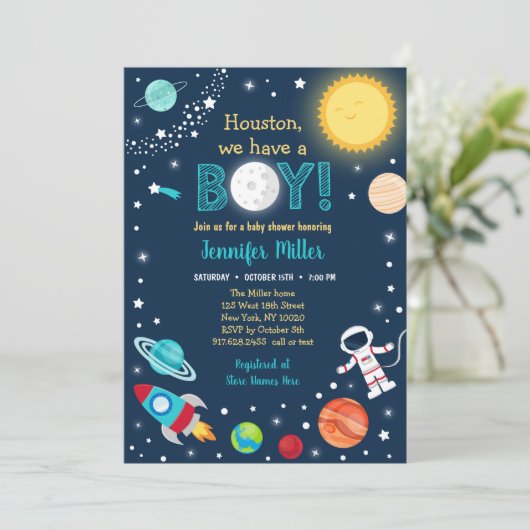 ヒューストン我々は男の子の宇宙の赤ちゃんシャワーを持っている 招待状 (スタンド正面)