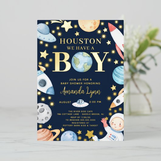 ヒューストン我々は男の子の宇宙を持っている 箔招待状 (立ち正面)