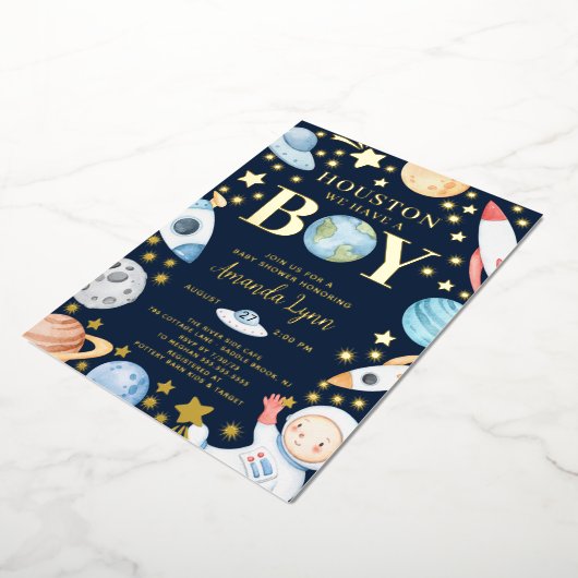 ヒューストン我々は男の子の宇宙を持っている 箔招待状 (回転した状態)
