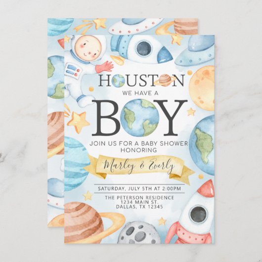 ヒューストン我々は男の子の宇宙ベビーシャワー招待状を持つ 招待状 (正面/裏面)