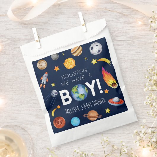 ヒューストン我々は男の子の宇宙銀河系ベビーシャワーを持っている フェイバーバッグ (クリップ留めされた状態)