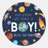 ヒューストン我々は男の子の宇宙銀河系ベビーシャワーを持っている ラウンドシール (正面)