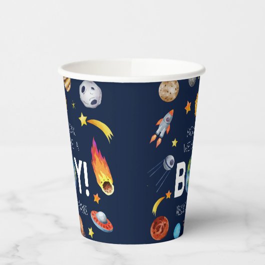 ヒューストン我々は男の子の宇宙銀河系ベビーシャワーを持っている 紙コップ (左)