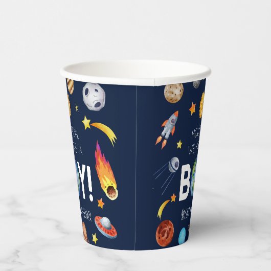 ヒューストン我々は男の子の宇宙銀河系ベビーシャワーを持っている 紙コップ (右)
