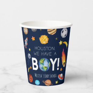ヒューストン我々は男の子の宇宙銀河系ベビーシャワーを持っている 紙コップ