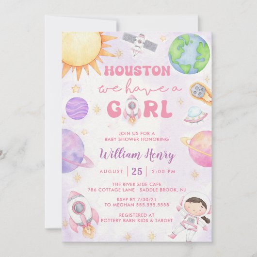 ヒューストン私たちは女の子の宇宙の赤ちゃんシャワーを持っている 招待状 (正面)