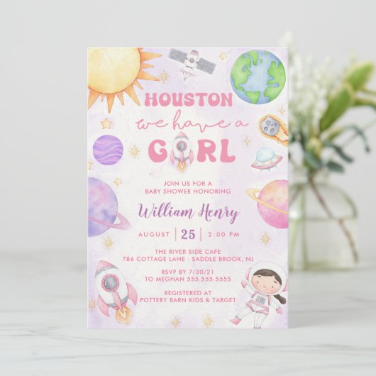 ヒューストン私たちは女の子の宇宙の赤ちゃんシャワーを持っている 招待状 (スタンド正面)