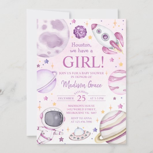 ヒューストン私たちは女の子の宇宙の赤ちゃんシャワーを持っている 招待状 (正面)