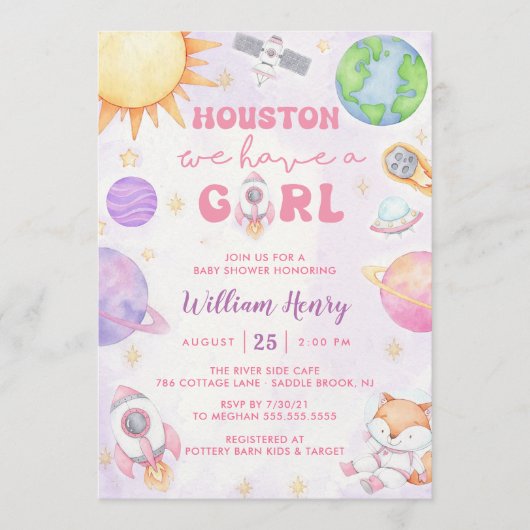 ヒューストン私たちは女の子の宇宙の赤ちゃんシャワーを持っている 招待状 (正面)