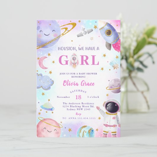 ヒューストン私たちは女の子の宇宙の赤ちゃんシャワーを持っている 招待状 (スタンド正面)
