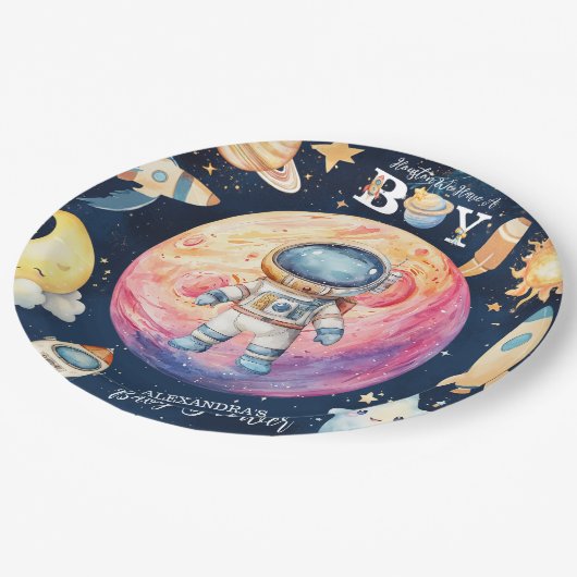 ヒューストン私たちは男の子の宇宙の赤ちゃんシャワーを持っている ペーパープレート (アングル)