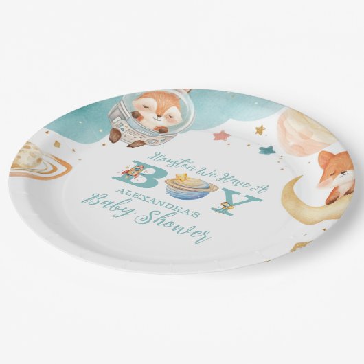 ヒューストン私たちは男の子の宇宙の赤ちゃんシャワーを持っている ペーパープレート (アングル)
