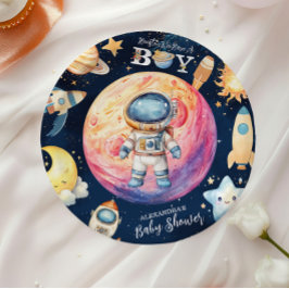 ヒューストン私たちは男の子の宇宙の赤ちゃんシャワーを持っている ペーパープレート