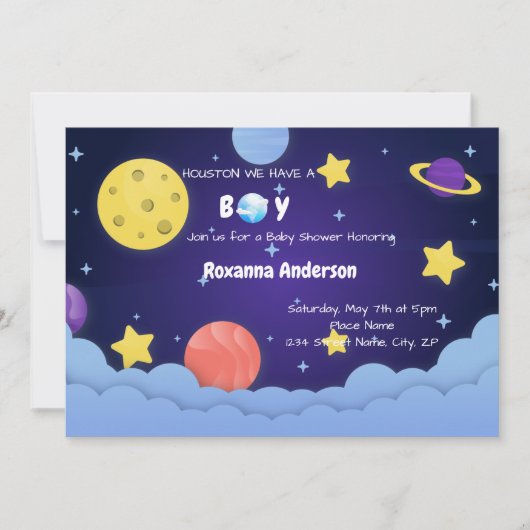 ヒューストン私たちは男の子の宇宙の赤ちゃんシャワーを持っている 招待状 (正面)
