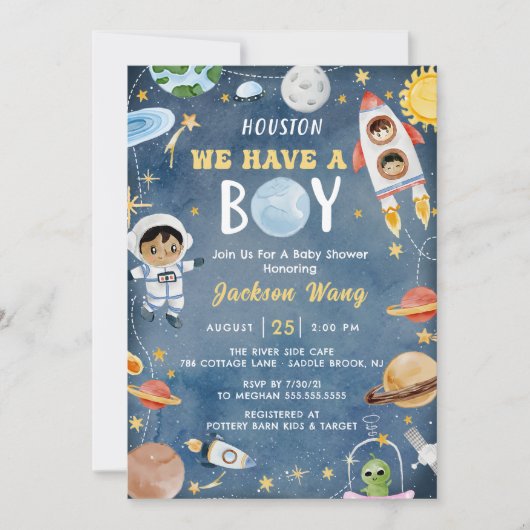 ヒューストン私たちは男の子の宇宙の赤ちゃんシャワーを持っている 招待状 (正面)