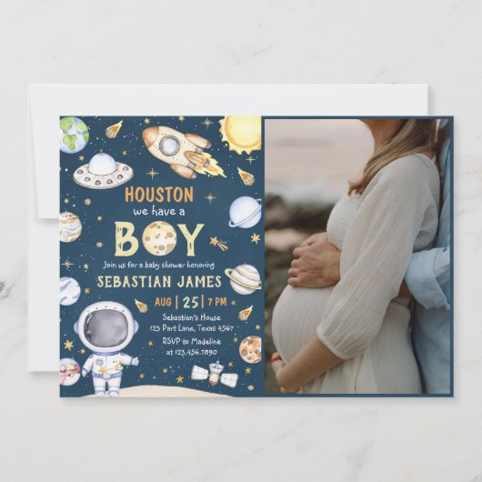 ヒューストン私たちは男の子の宇宙の赤ちゃんシャワーを持っている 招待状 (正面)