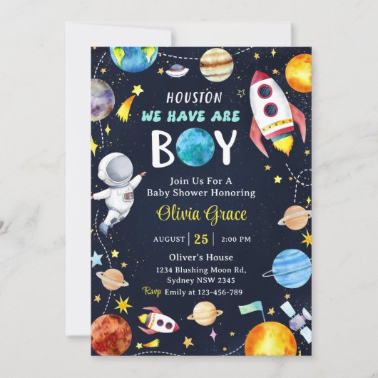 ヒューストン私たちは男の子の宇宙の赤ちゃんシャワーを持っている 招待状 (正面)