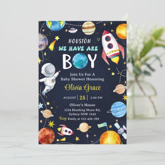 ヒューストン私たちは男の子の宇宙の赤ちゃんシャワーを持っている 招待状 (スタンド正面)