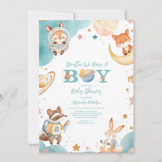 ヒューストン私たちは男の子の宇宙の赤ちゃんシャワーを持っている 招待状 (正面)