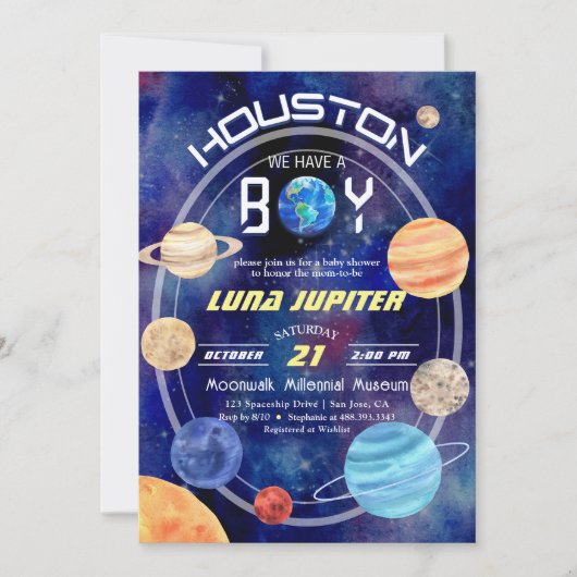 ヒューストン私たちは男の子の宇宙惑星ベビーシャワーを持っている 招待状 (正面)