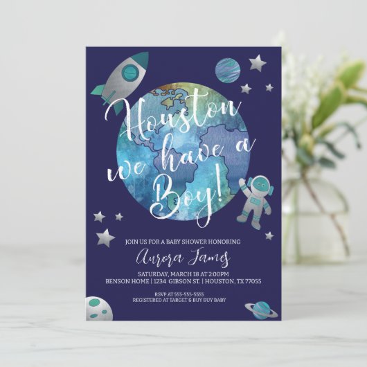 ヒューストン私たちは男の子の赤ちゃんのシャワー招待状を持っている 招待状 (スタンド正面)