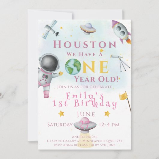 ヒューストン私たちは1歳の宇宙の女の子の宇宙飛行士がいる 招待状 (正面)