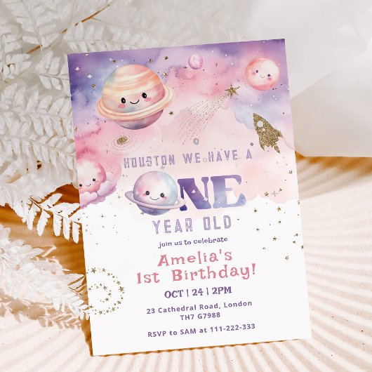 ヒューストン私たちは1歳の宇宙女の子ピンク 招待状