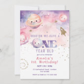 ヒューストン私たちは1歳の宇宙女の子ピンク 招待状 (正面)
