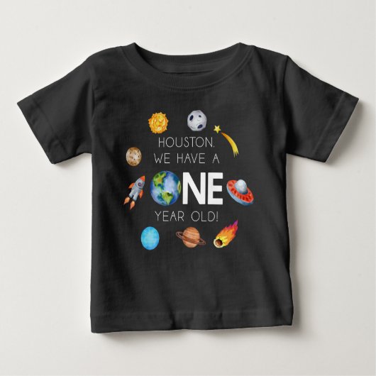 ヒューストン私たちは1歳の1歳の誕生日パーティーを持っている ベビーTシャツ (正面)