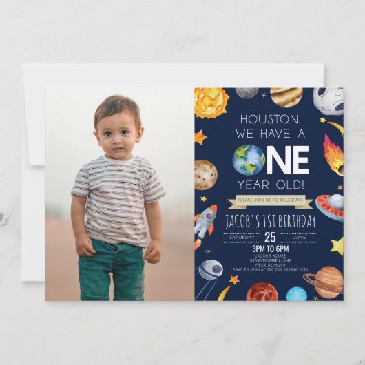 ヒューストン私たちは1歳の1歳の誕生日パーティーを持っている 招待状 (正面)