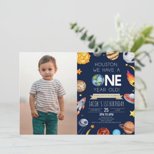 ヒューストン私たちは1歳の1歳の誕生日パーティーを持っている 招待状 (スタンド正面)