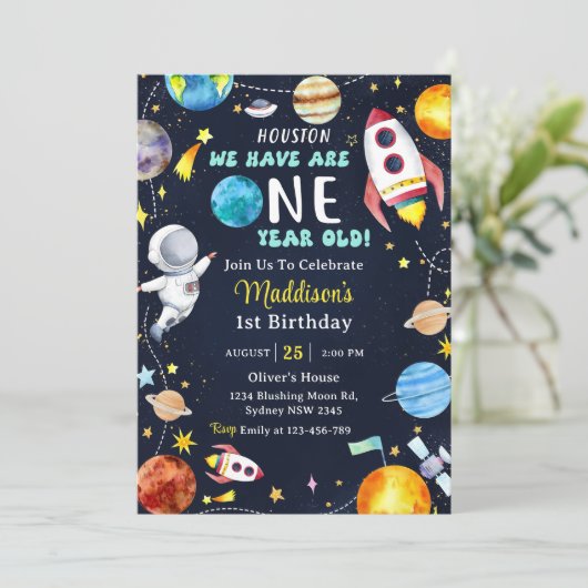 ヒューストン私たちは1歳の1歳の誕生日パーティーを持っている 招待状 (スタンド正面)