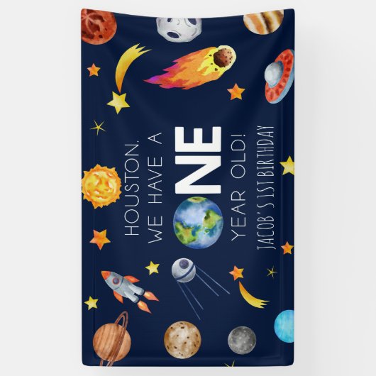 ヒューストン私たちは1歳の1歳の誕生日パーティーを持っている 横断幕 (縦)