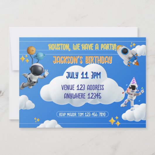 ヒューストン・ウィ・ヘブ・ア・パーティー 3D スペース 誕生日 招待状 (正面)