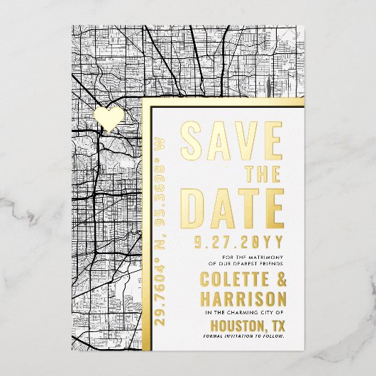 ヒューストン・ラブロケーター |結婚式の日付の保存 箔招待状 (正面)