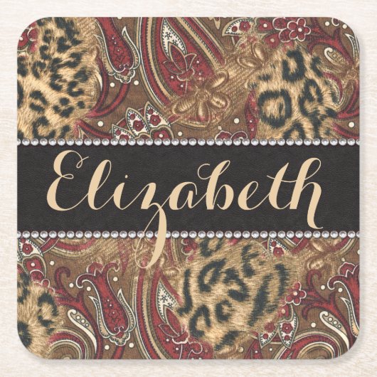 ヒョウおよび個人化なるべきペイズリーパターンプリント スクエアペーパーコースター (正面)